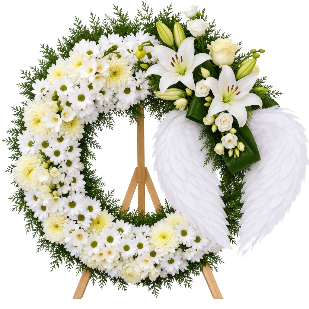 Coroană funerară de 55 cm cu aripi de înger