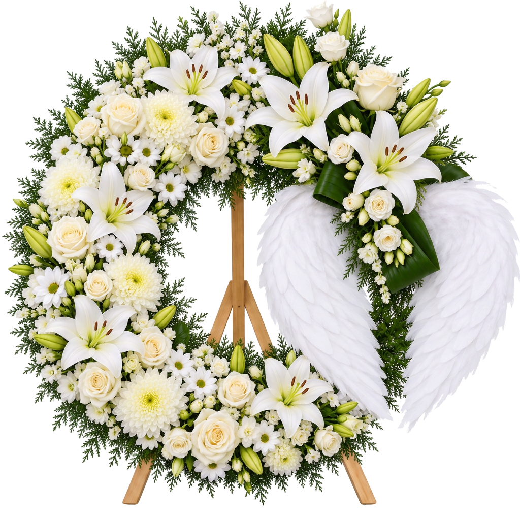 Coroană funerară de 65 cm cu aripi de înger