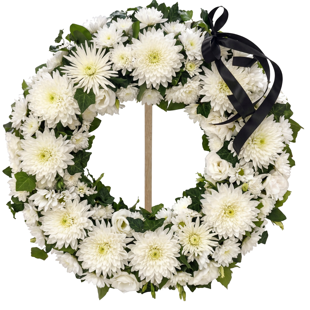 Coroană funerară de 55 cm din crizanteme, cu suport